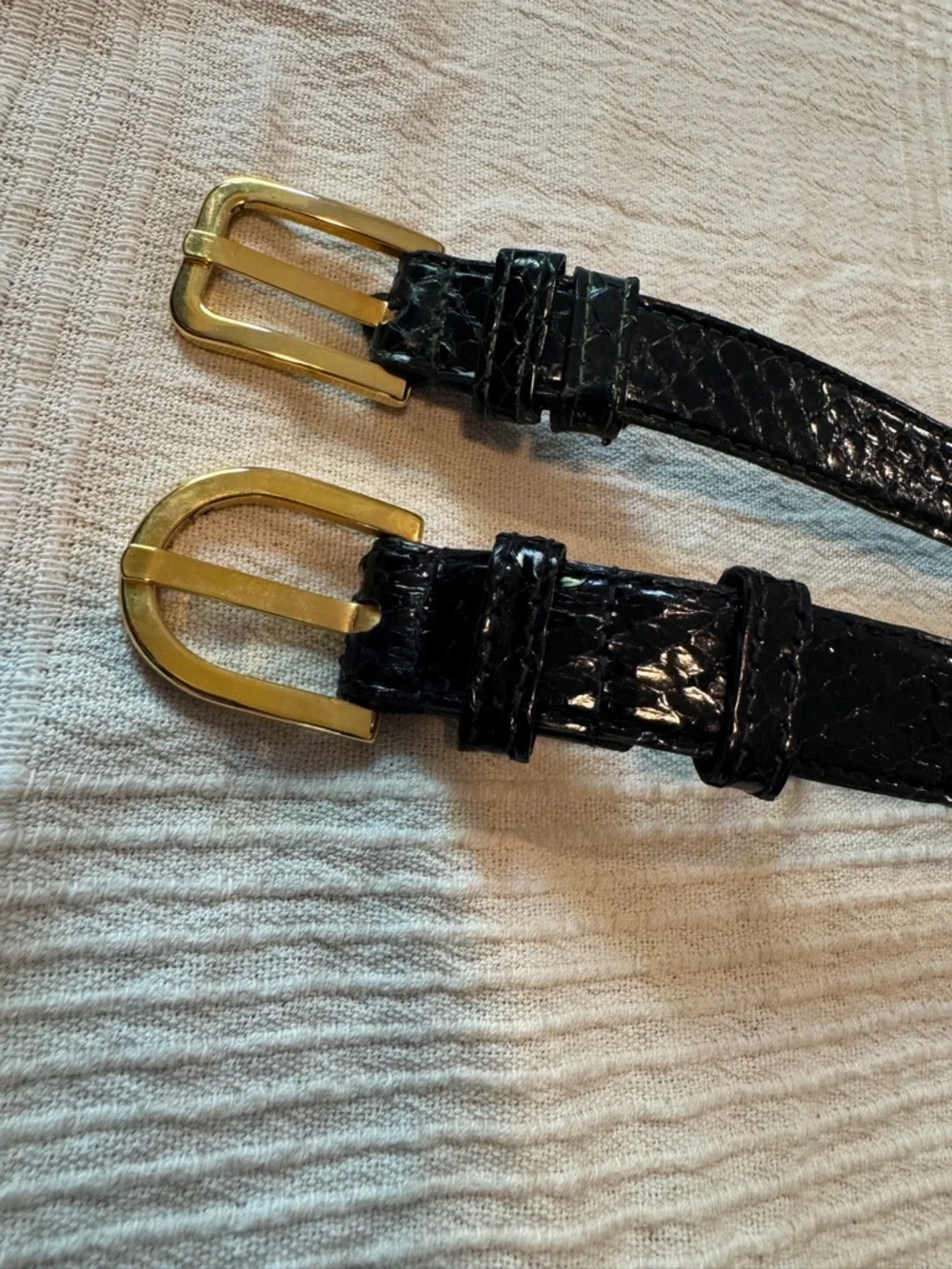 Vintage Calvin Klein 2 Black Snakeskin Belts- Lot/Duo Gold Buckle Size Small